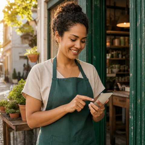 Comerciante assinando o documento pelo celular na porta da sua loja