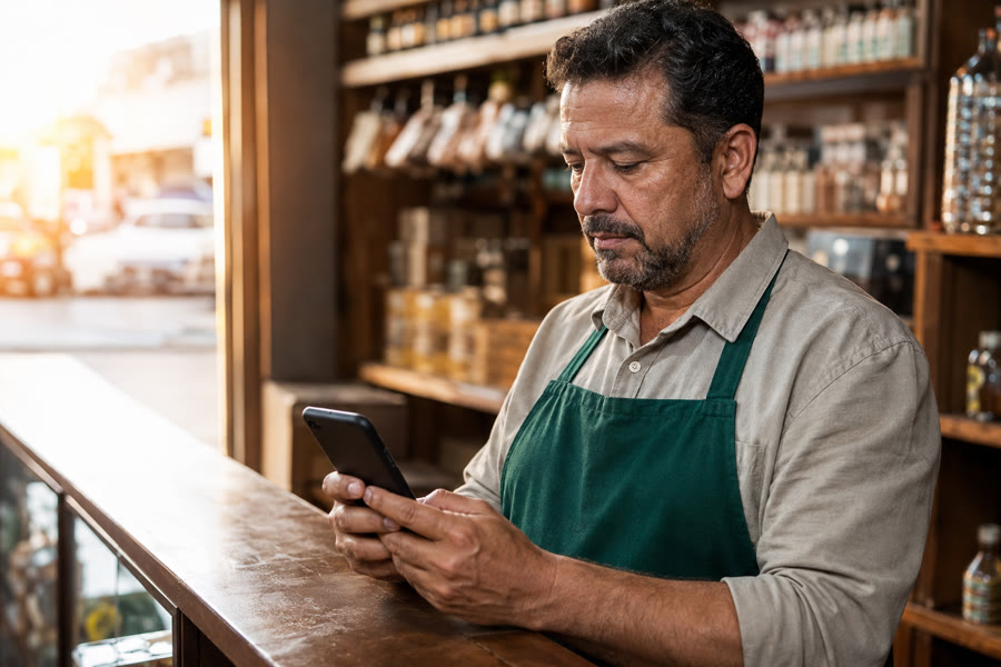 Comerciante lendo uma notificação no celular no balcão de sua loja