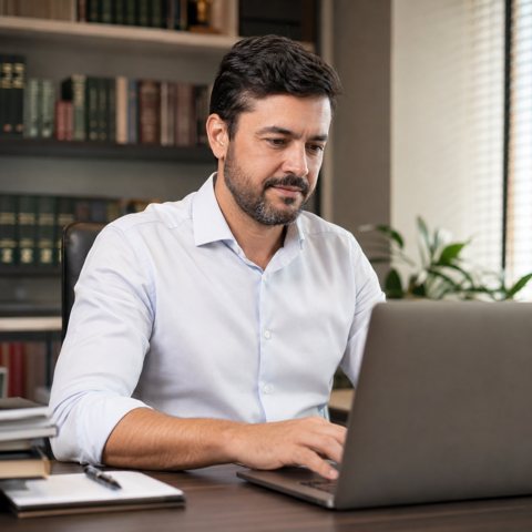 Advogado enviando um documento para assinatura pelo notebook